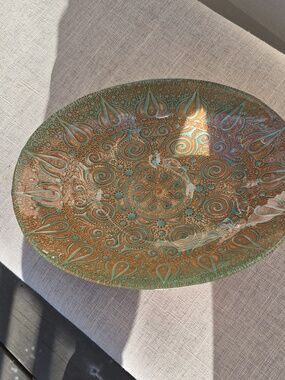 Turkish Topkapi Oval Art Glass Centerpiece turquoise  gold patterned glaze Bowl